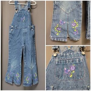 Vintage 90s y2k Girls Denim Overalls Blue Butterfly Floral Embroidered Sparkle 5